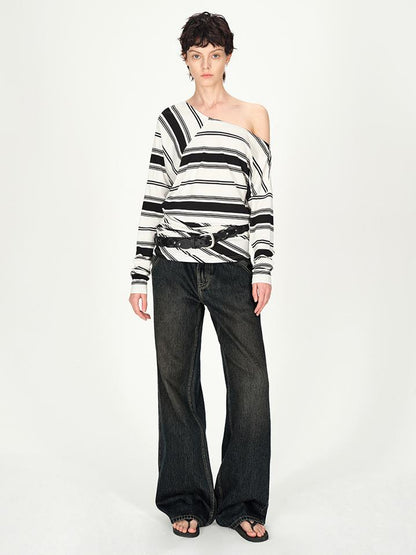 AFTADAWN Vintage Washed Low Rise Relaxed Wide Leg Denim Pants