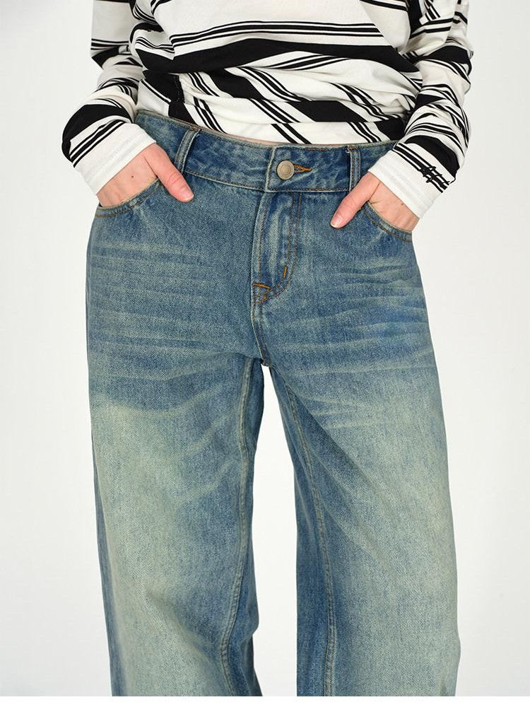 AFTADAWN Vintage Washed Low Rise Wide Loose Women&