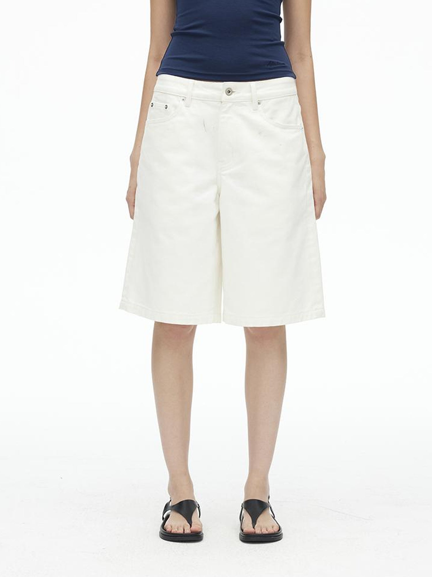 AFTADAWN Vintage Washed White Cotton Relaxed Fit Mid Thigh Denim Shorts