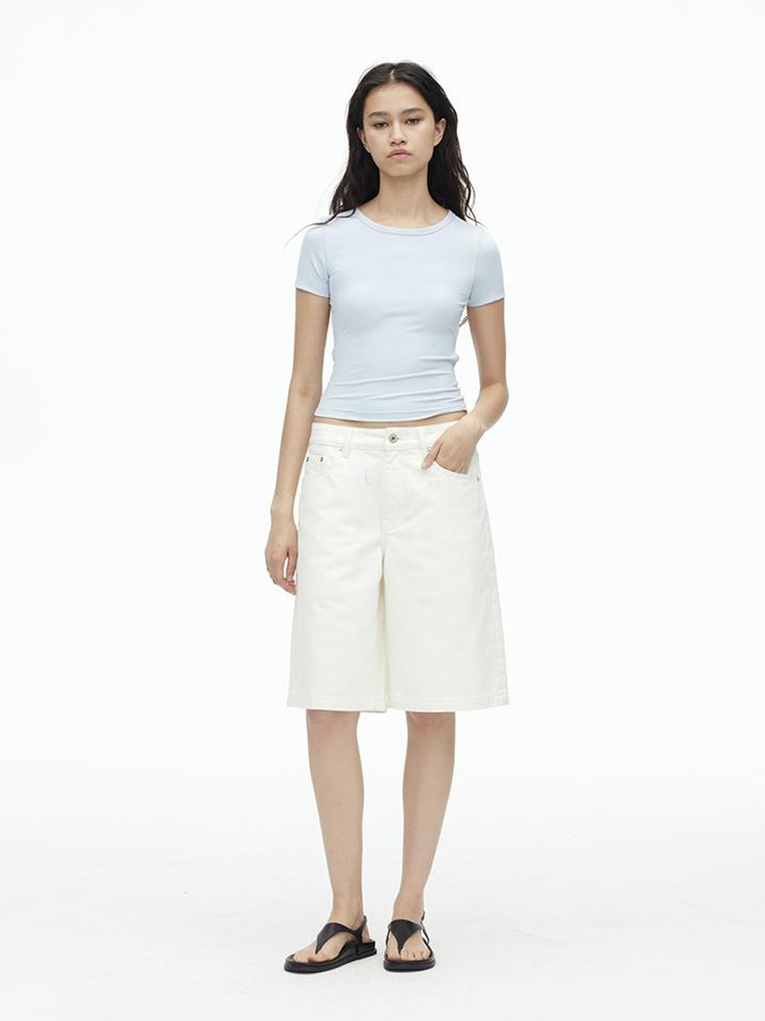 AFTADAWN Vintage Washed White Cotton Relaxed Fit Mid Thigh Denim Shorts