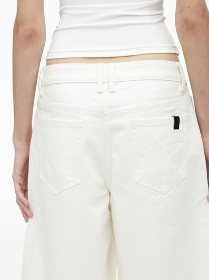 AFTADAWN Vintage Washed White Cotton Relaxed Fit Mid Thigh Denim Shorts