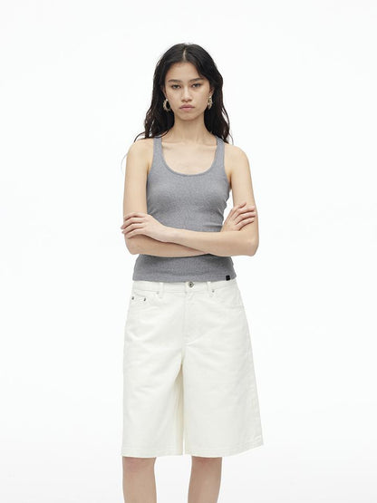 AFTADAWN Vintage Washed White Cotton Relaxed Fit Mid Thigh Denim Shorts