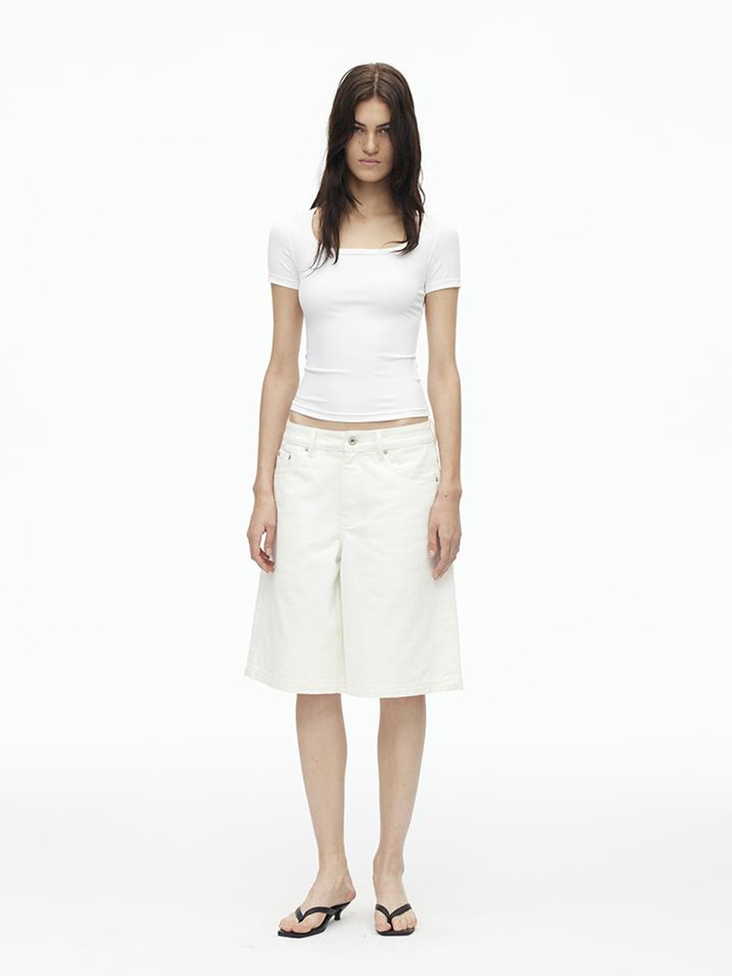 AFTADAWN Vintage Washed White Cotton Relaxed Fit Mid Thigh Denim Shorts