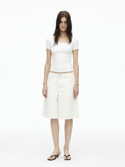 AFTADAWN Vintage Washed White Cotton Relaxed Fit Mid Thigh Denim Shorts