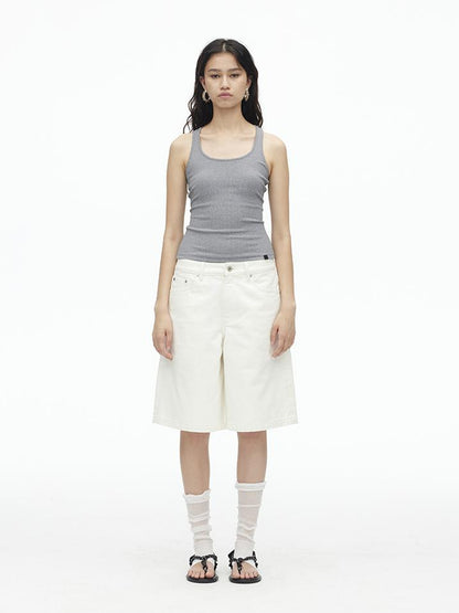 AFTADAWN Vintage Washed White Cotton Relaxed Fit Mid Thigh Denim Shorts