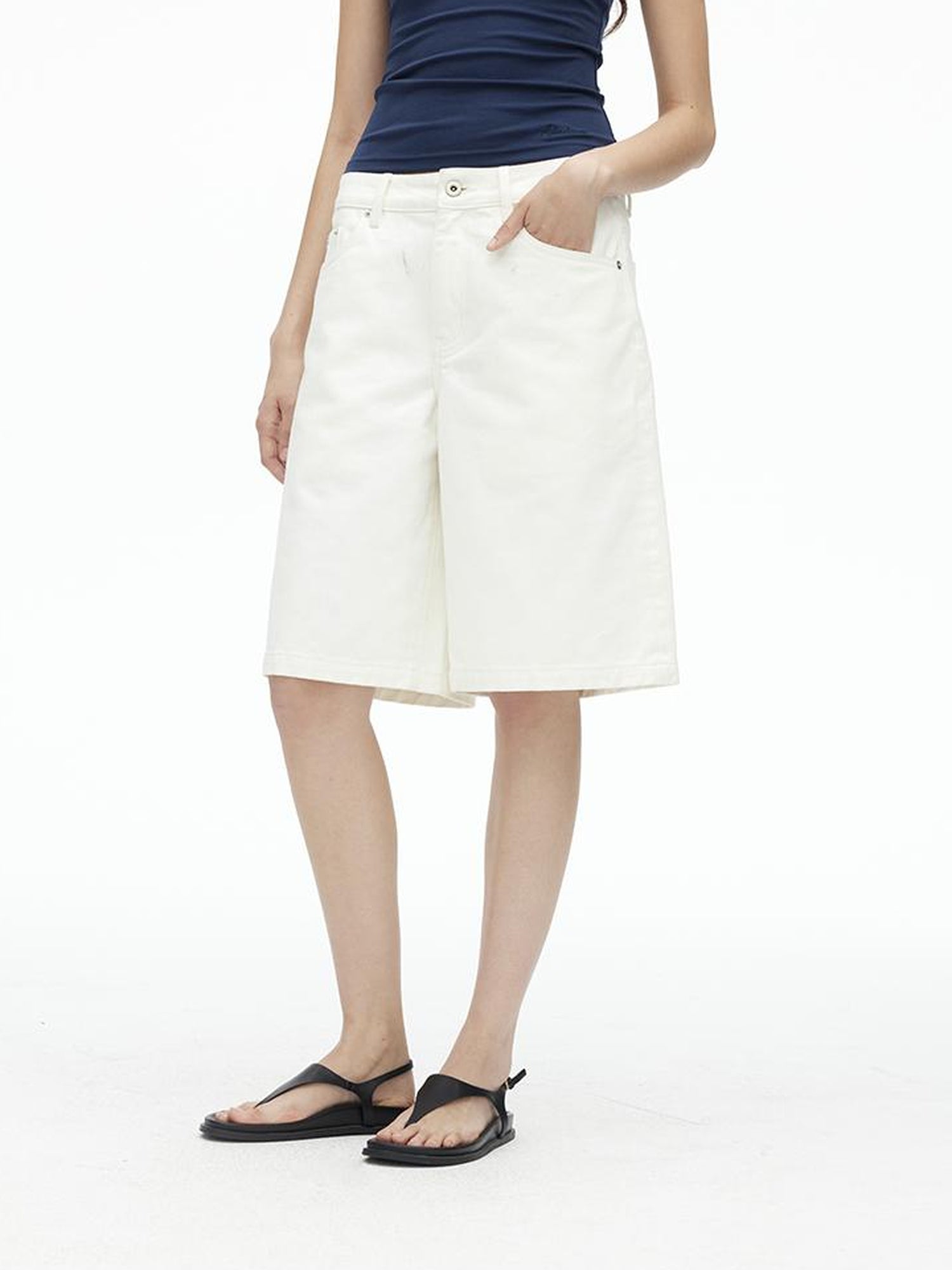 AFTADAWN Vintage Washed White Cotton Relaxed Fit Mid Thigh Denim Shorts