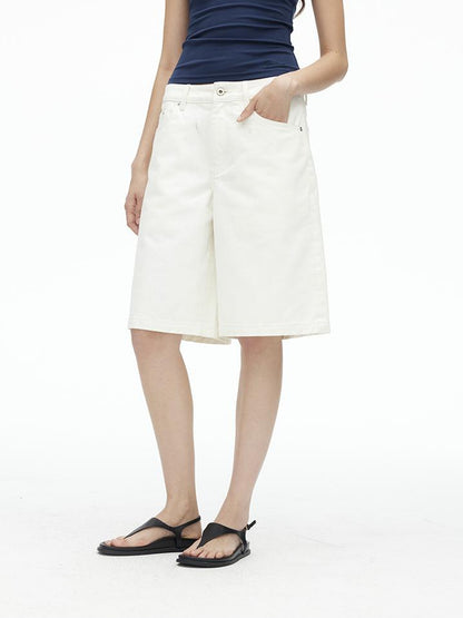 AFTADAWN Vintage Washed White Cotton Relaxed Fit Mid Thigh Denim Shorts
