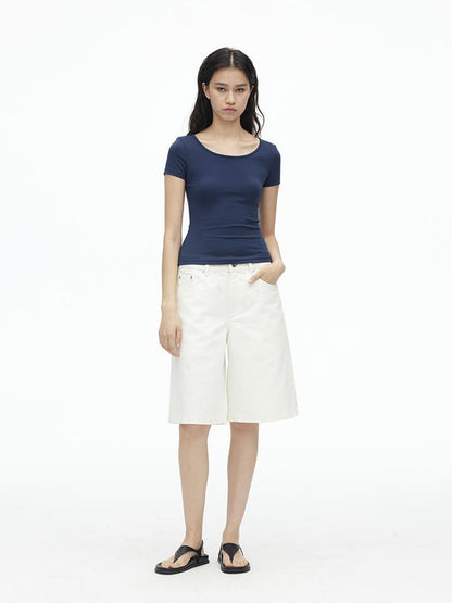 AFTADAWN Vintage Washed White Cotton Relaxed Fit Mid Thigh Denim Shorts