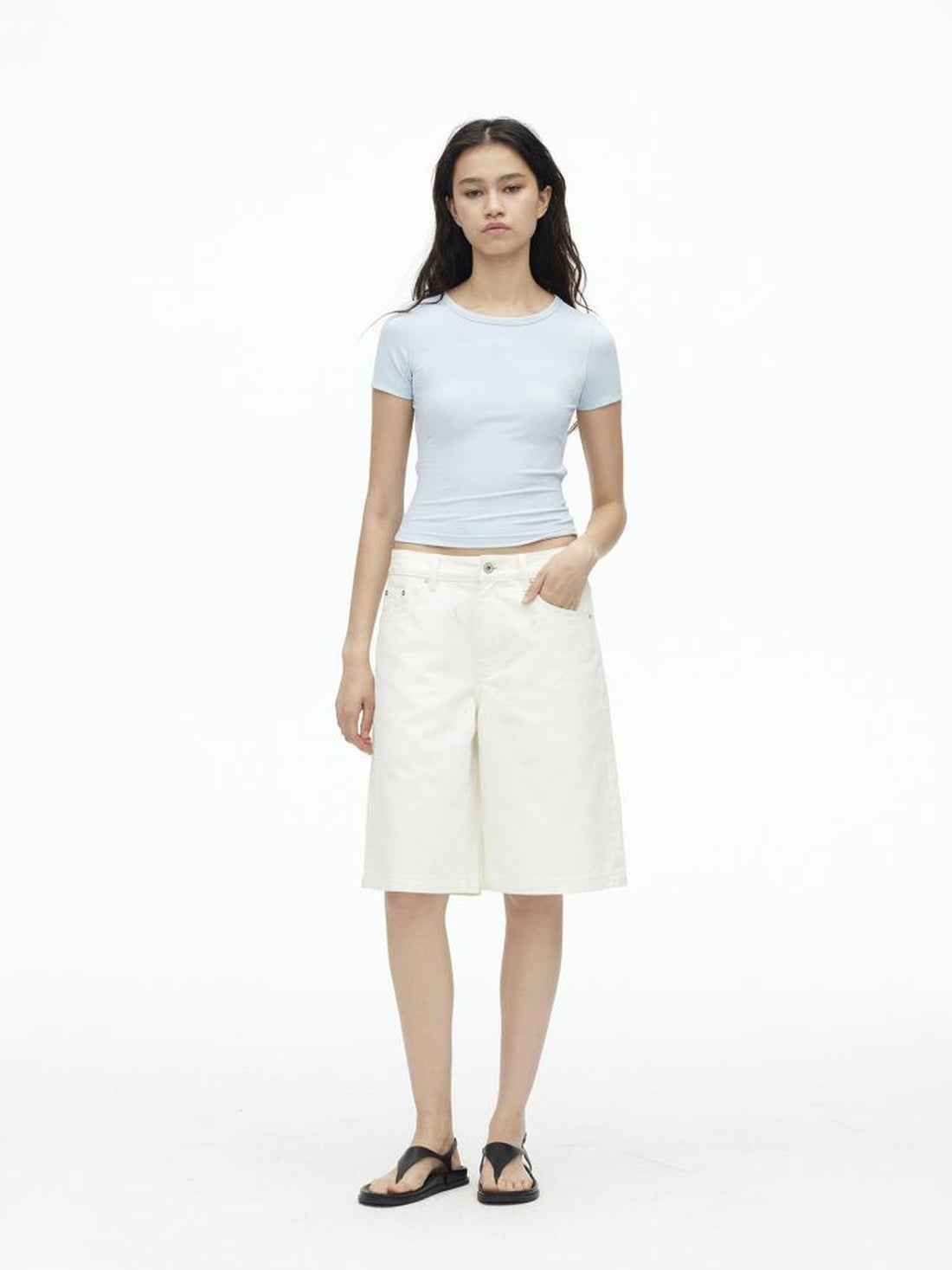 AFTADAWN Vintage Washed White Cotton Relaxed Fit Mid Thigh Denim Shorts