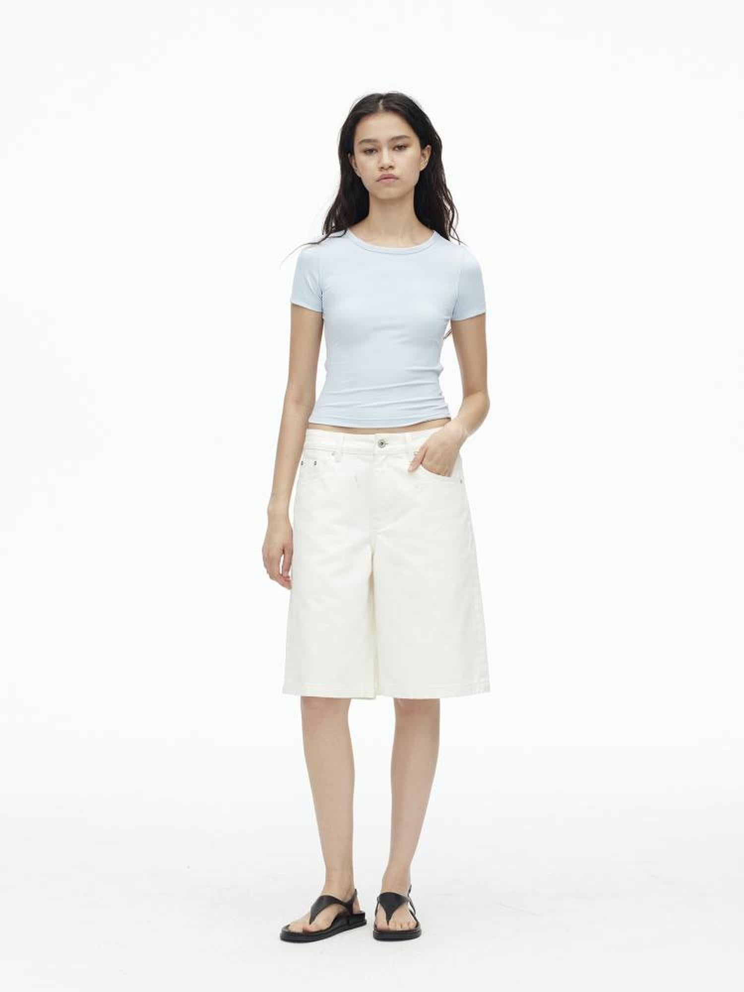 AFTADAWN Vintage Washed White Cotton Relaxed Fit Mid Thigh Denim Shorts