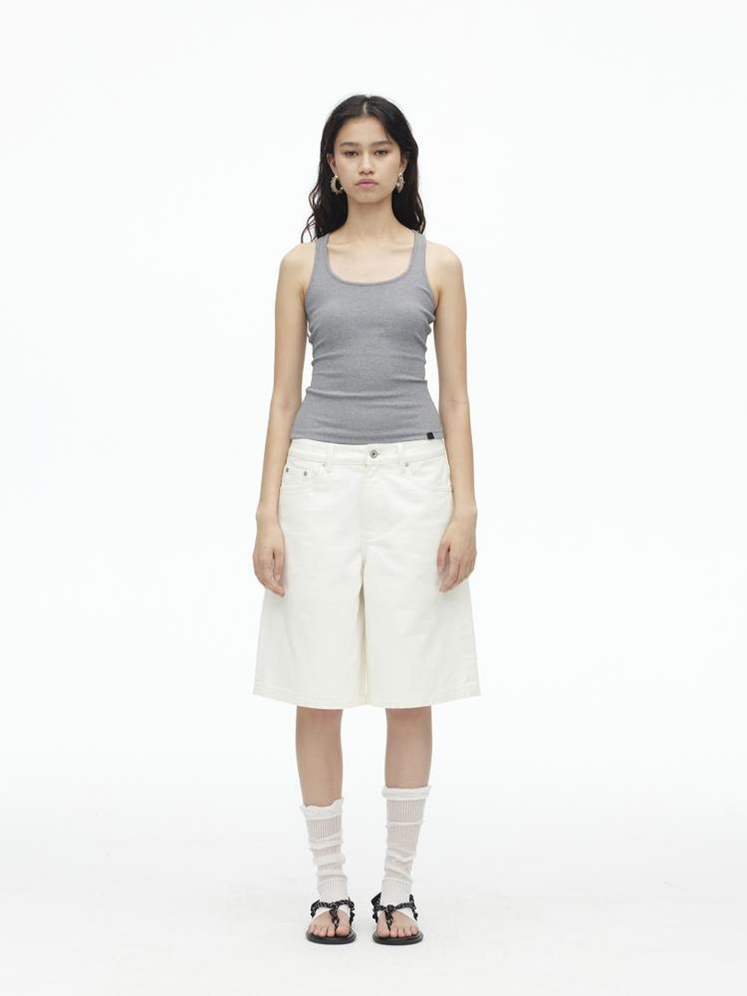 AFTADAWN Vintage Washed White Cotton Relaxed Fit Mid Thigh Denim Shorts