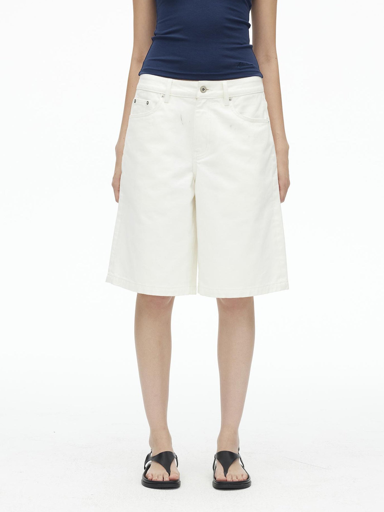 AFTADAWN Vintage Washed White Cotton Relaxed Fit Mid Thigh Denim Shorts