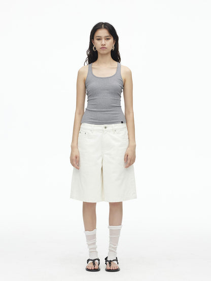 AFTADAWN Vintage Washed White Cotton Relaxed Fit Mid Thigh Denim Shorts