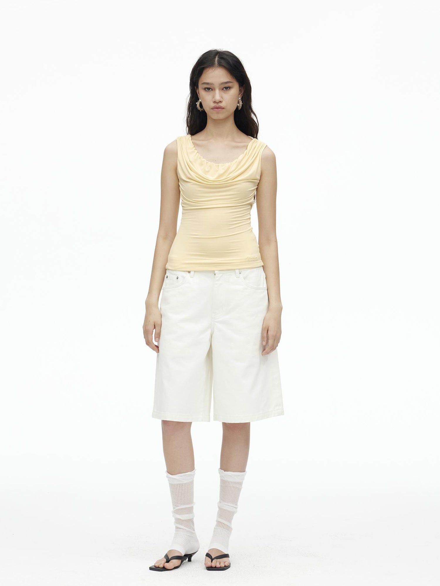 AFTADAWN Vintage Washed White Cotton Relaxed Fit Mid Thigh Denim Shorts