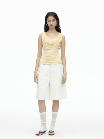 AFTADAWN Vintage Washed White Cotton Relaxed Fit Mid Thigh Denim Shorts