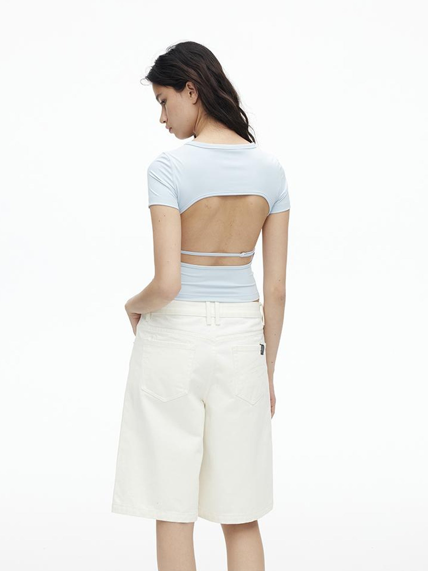 AFTADAWN Vintage Washed White Cotton Relaxed Fit Mid Thigh Denim Shorts