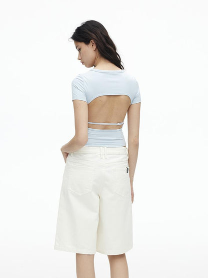 AFTADAWN Vintage Washed White Cotton Relaxed Fit Mid Thigh Denim Shorts