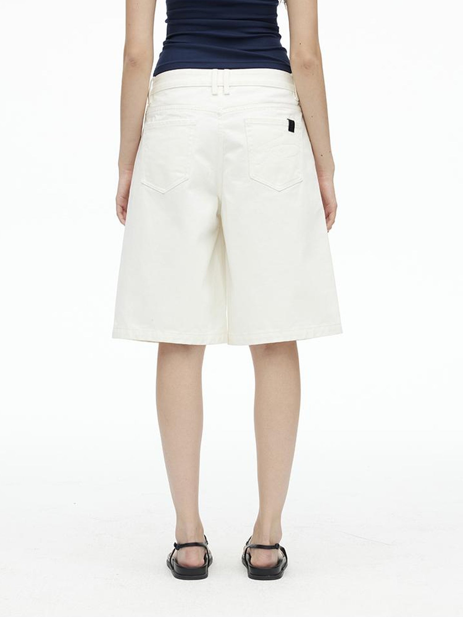 AFTADAWN Vintage Washed White Cotton Relaxed Fit Mid Thigh Denim Shorts
