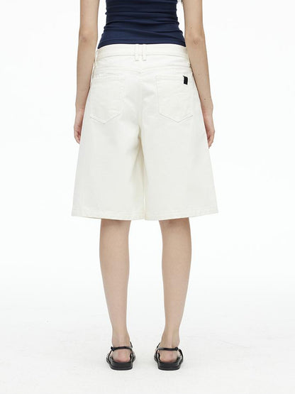 AFTADAWN Vintage Washed White Cotton Relaxed Fit Mid Thigh Denim Shorts