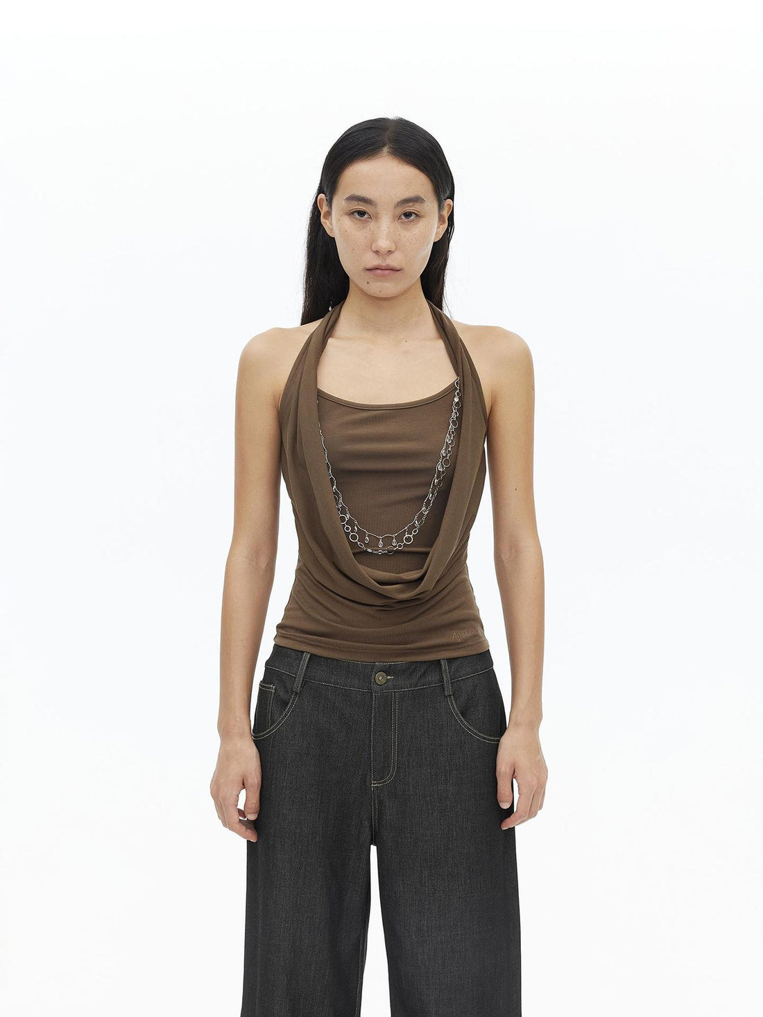 AFTADAWN Viscose Halter Neck Draped Layered Detachable Chain Vest