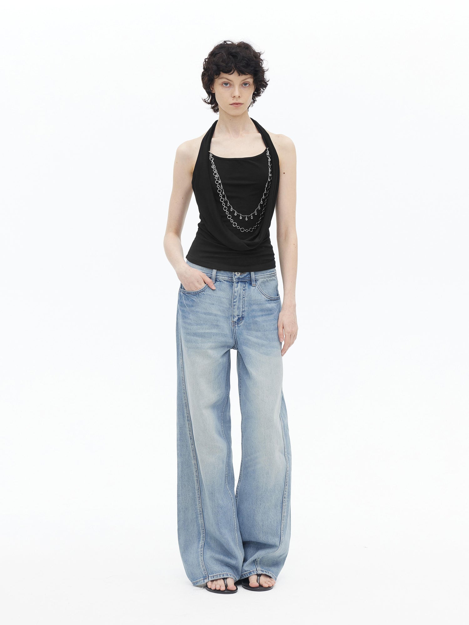 AFTADAWN Viscose Halter Neck Draped Layered Detachable Chain Vest