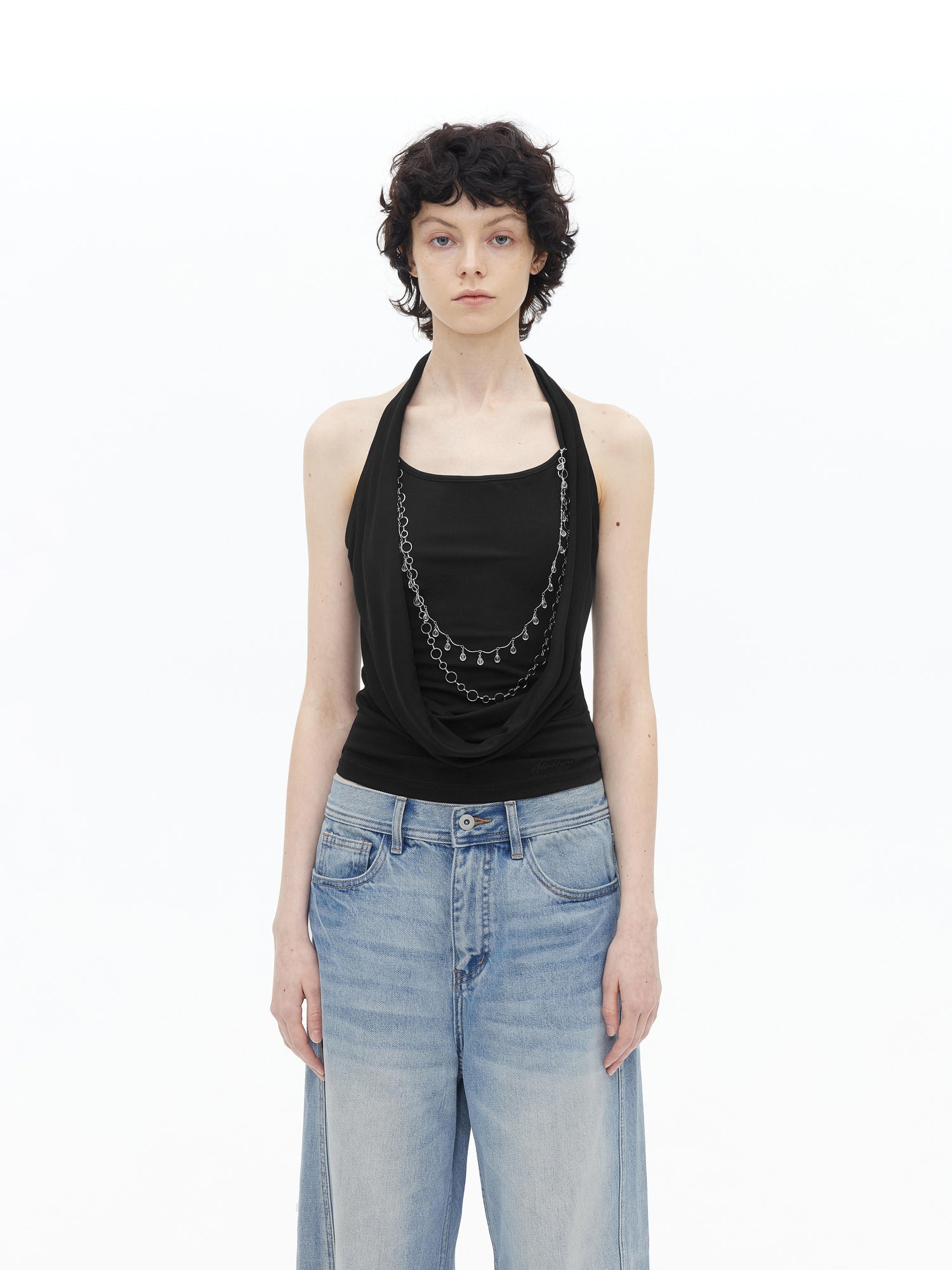AFTADAWN Viscose Halter Neck Draped Layered Detachable Chain Vest