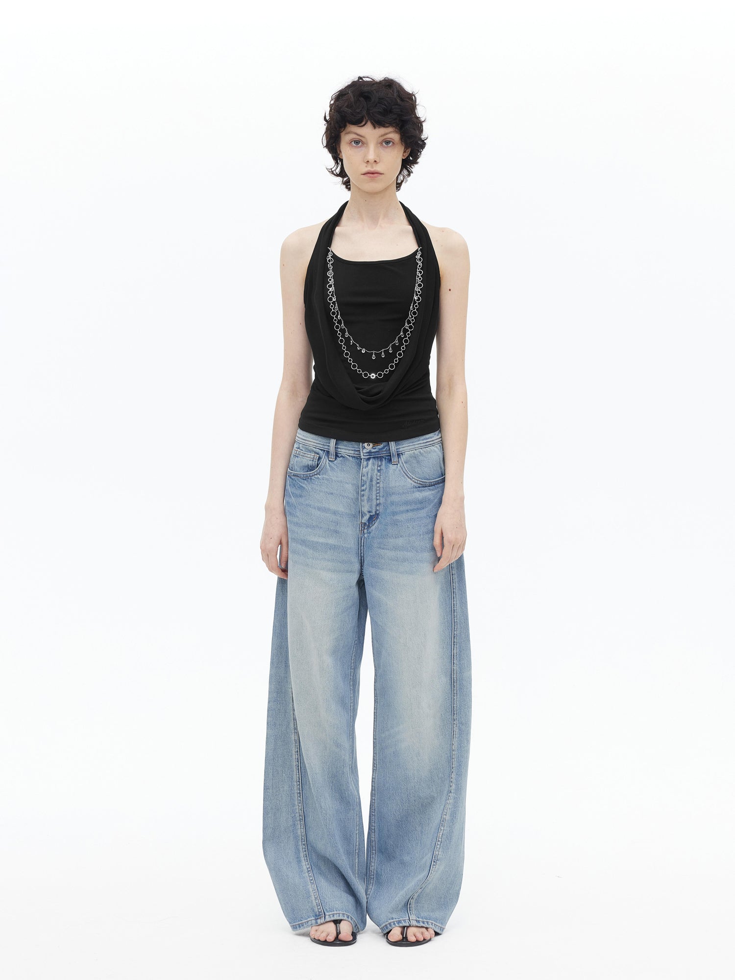 AFTADAWN Viscose Halter Neck Draped Layered Detachable Chain Vest