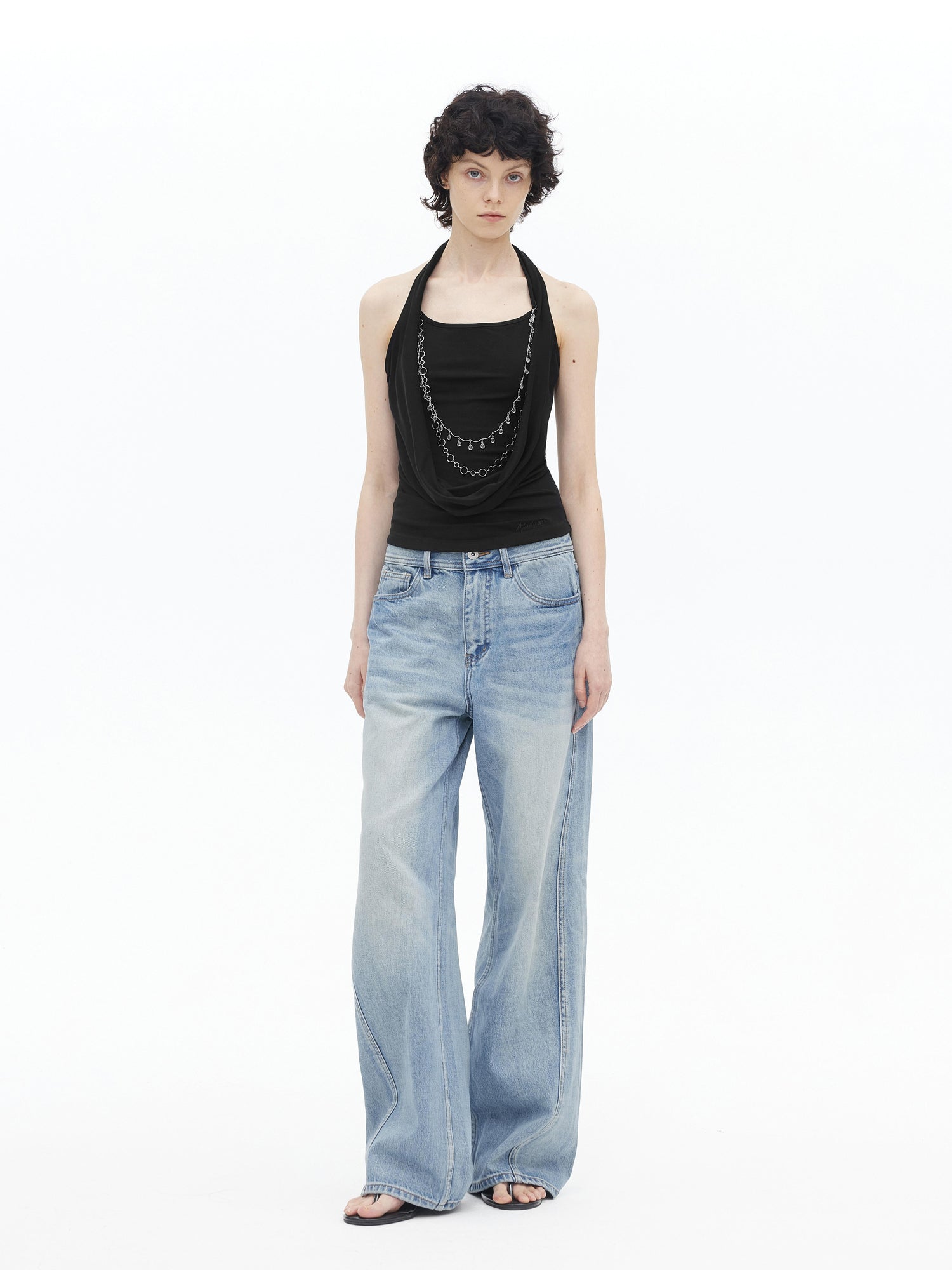 AFTADAWN Viscose Halter Neck Draped Layered Detachable Chain Vest