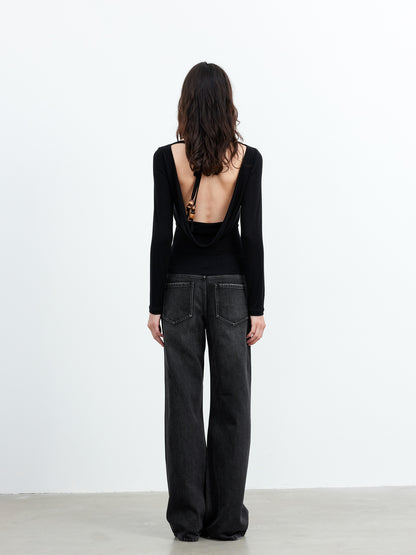 AFTADAWN Viscose Wool Backless Beaded Long Sleeve V-neck Top