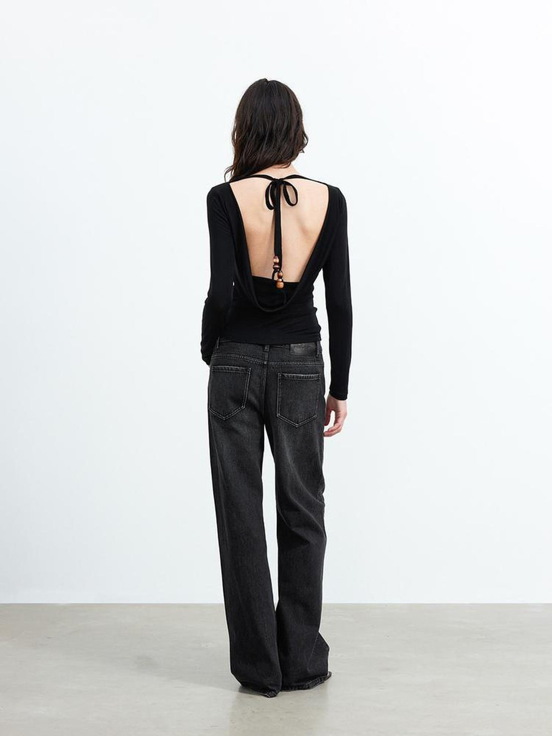 AFTADAWN Viscose Wool Backless Beaded Long Sleeve V-neck Top