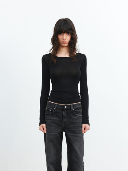 AFTADAWN Viscose Wool Backless Beaded Long Sleeve V-neck Top