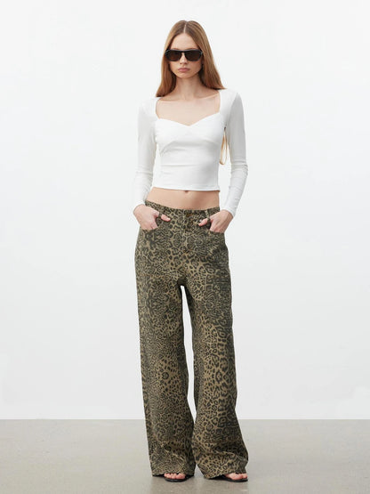 AFTADAWN Washed Leopard Print Loose Fit Straight Leg Jeans Jeans