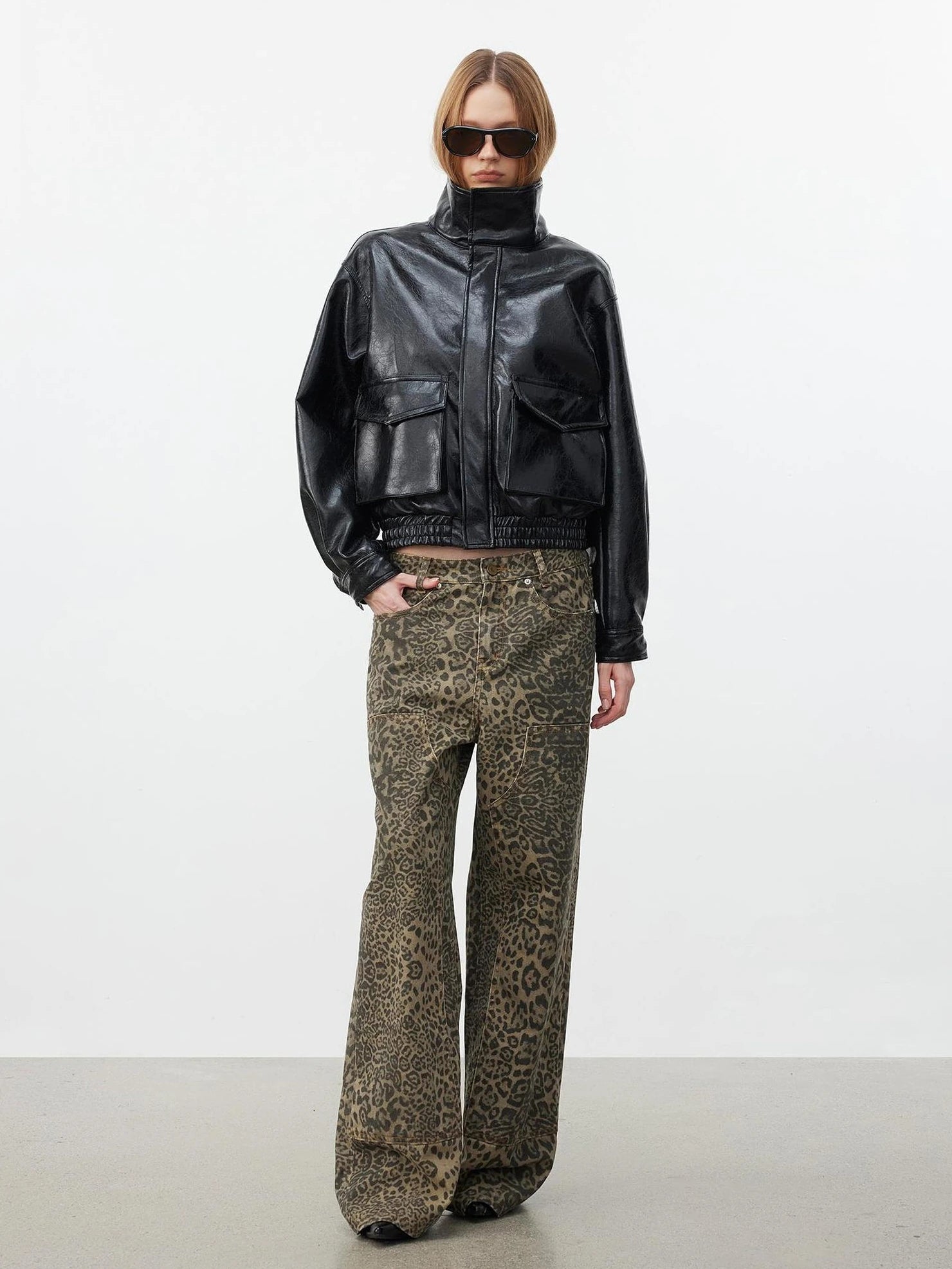 AFTADAWN Washed Leopard Print Loose Fit Straight Leg Jeans Jeans