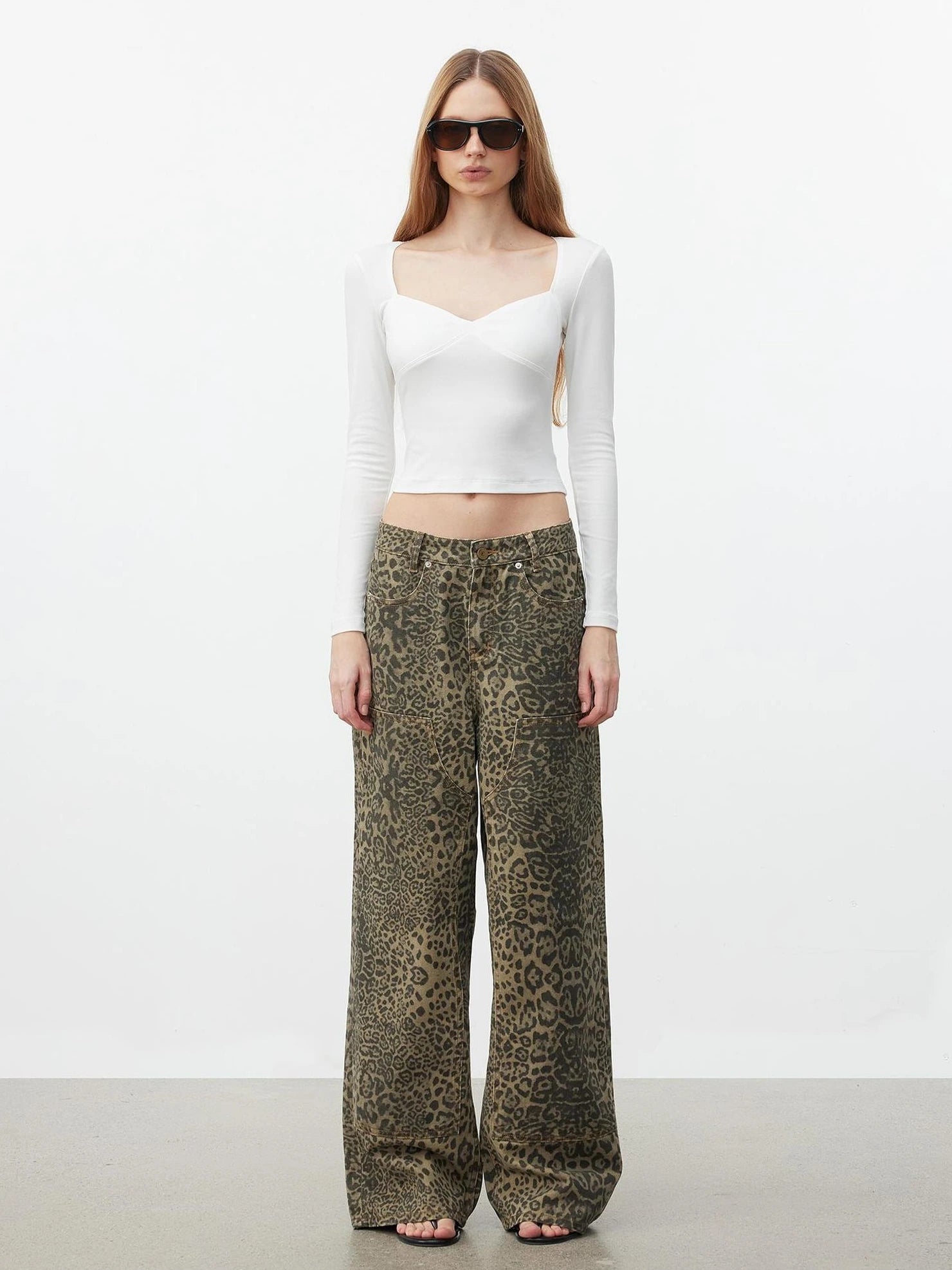 AFTADAWN Washed Leopard Print Loose Fit Straight Leg Jeans Jeans