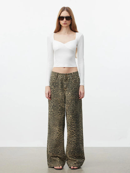 AFTADAWN Washed Leopard Print Loose Fit Straight Leg Jeans Jeans