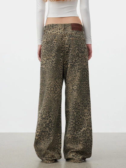 AFTADAWN Washed Leopard Print Loose Fit Straight Leg Jeans Jeans