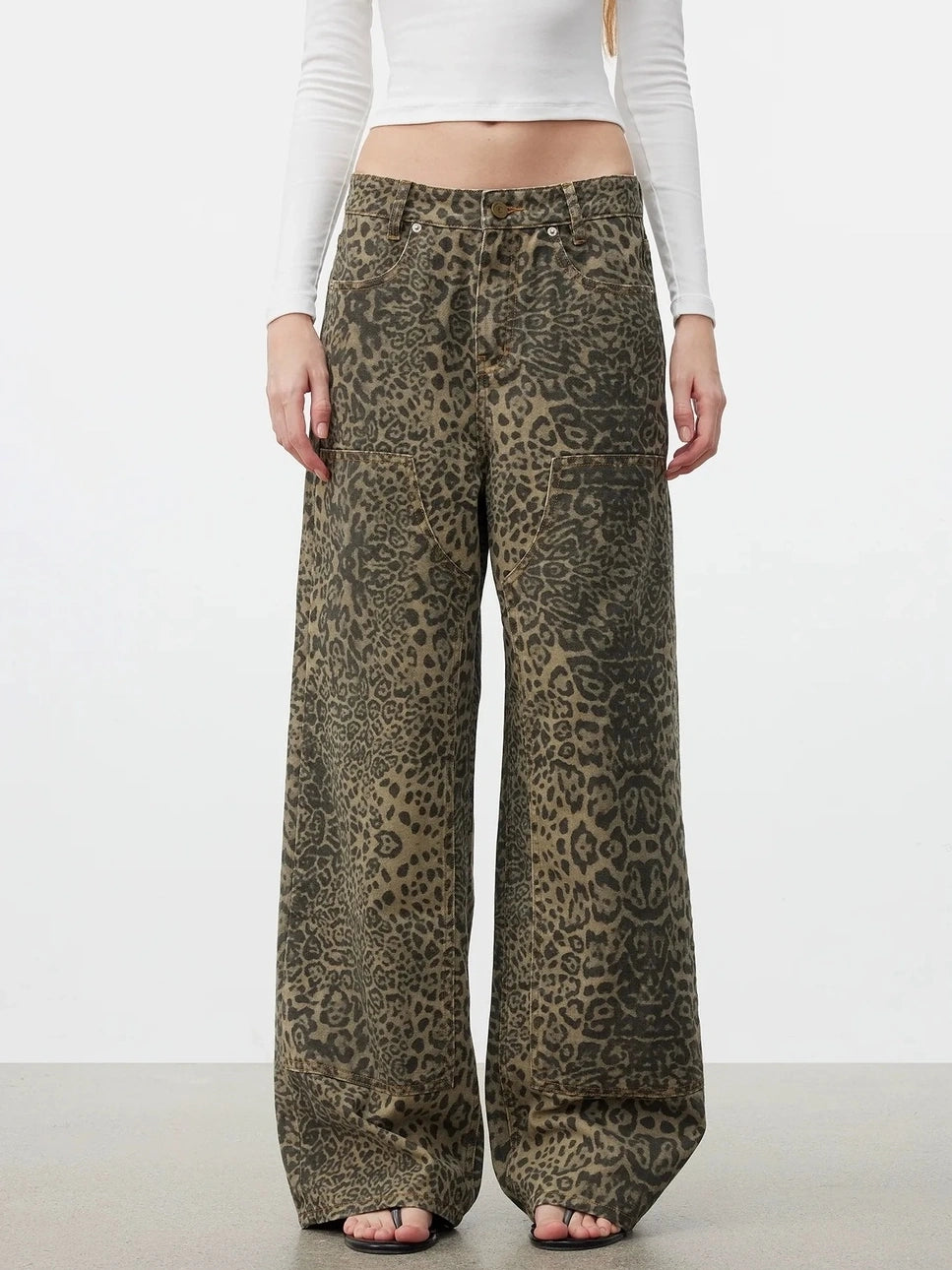 AFTADAWN Washed Leopard Print Loose Fit Straight Leg Jeans Jeans