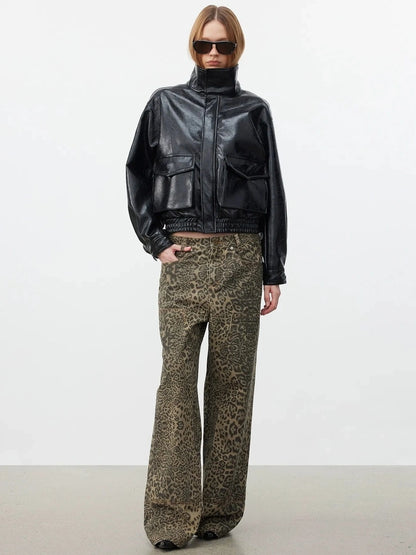 AFTADAWN Washed Leopard Print Loose Fit Straight Leg Jeans Jeans