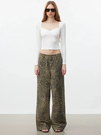 AFTADAWN Washed Leopard Print Loose Fit Straight Leg Jeans Jeans