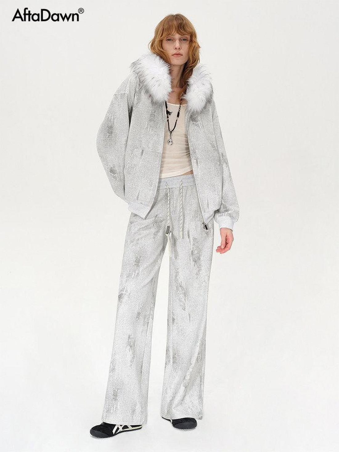 AFTADAWN Wax Dyed Patchwork Loose Fit Removable Fur Women&