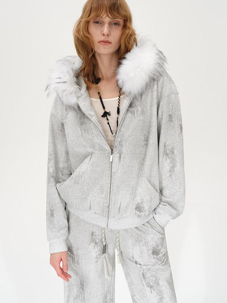AFTADAWN Wax Dyed Patchwork Loose Fit Removable Fur Women&