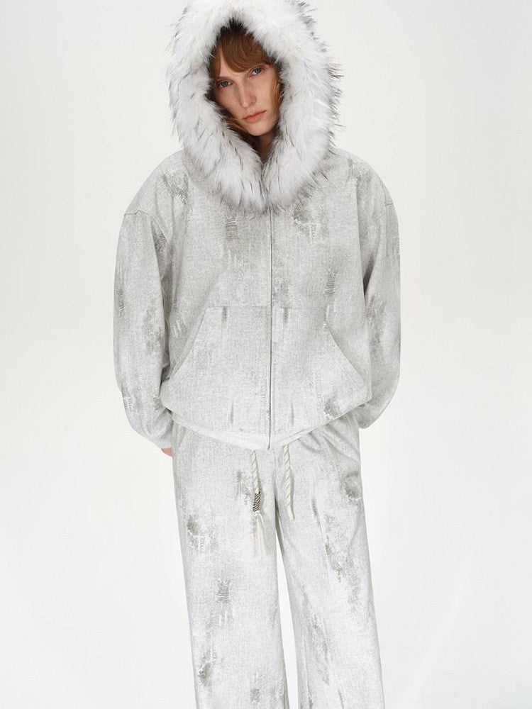 AFTADAWN Wax Dyed Patchwork Loose Fit Removable Fur Women&