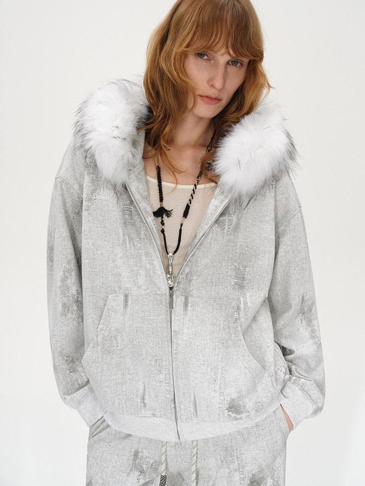 AFTADAWN Wax Dyed Patchwork Loose Fit Removable Fur Women&