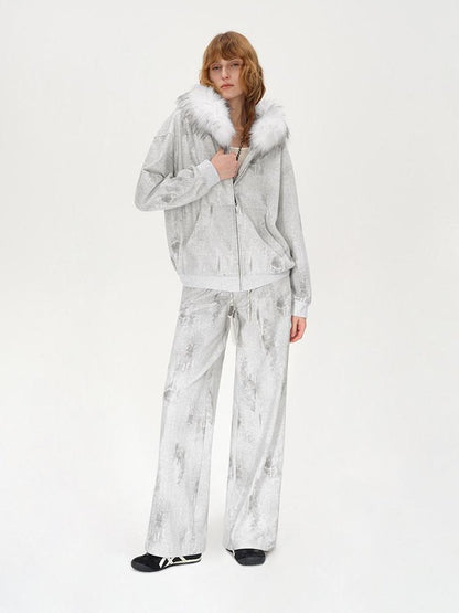 AFTADAWN Wax Dyed Patchwork Loose Fit Removable Fur Women&