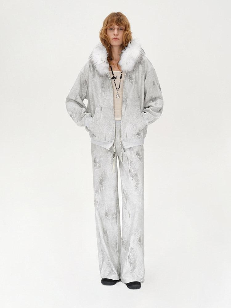 AFTADAWN Wax Dyed Patchwork Loose Fit Removable Fur Women&