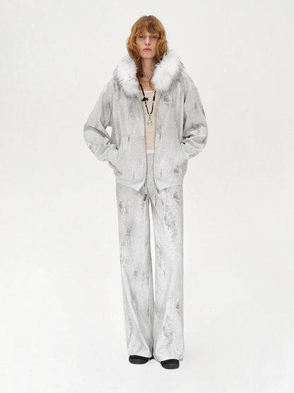 AFTADAWN Wax Dyed Patchwork Loose Fit Removable Fur Women&