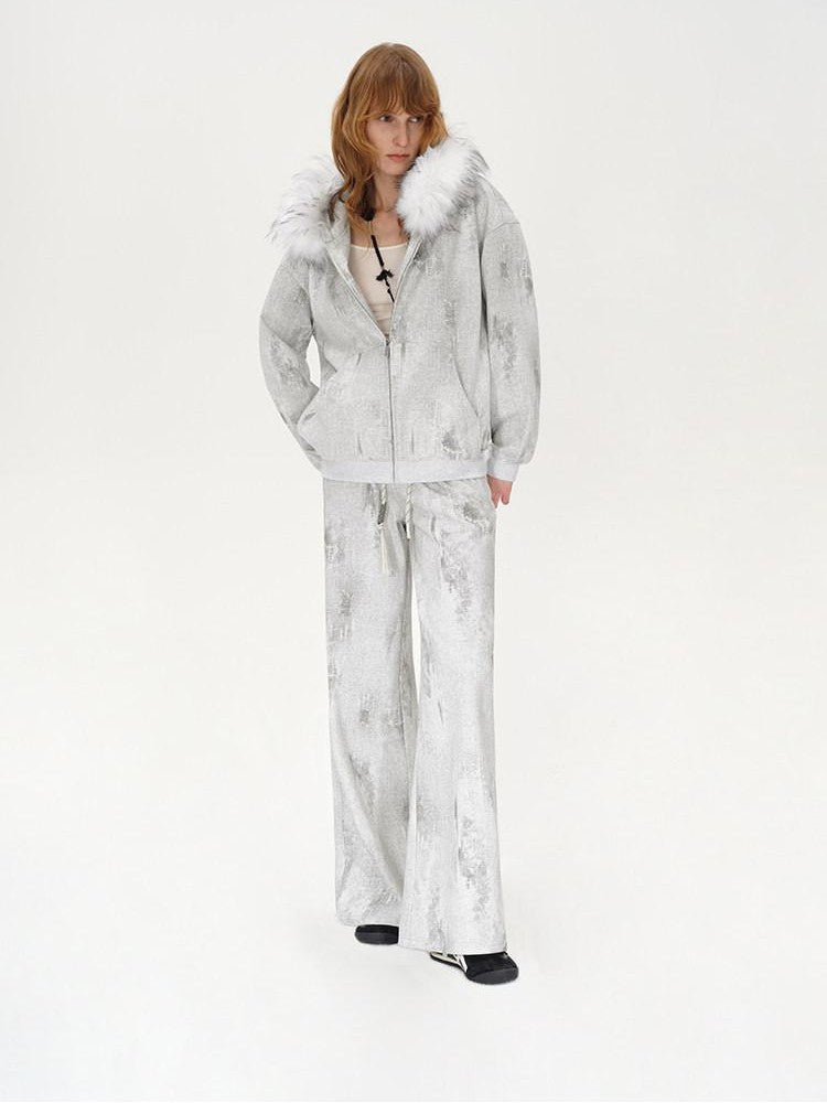 AFTADAWN Wax Dyed Patchwork Loose Fit Removable Fur Women&
