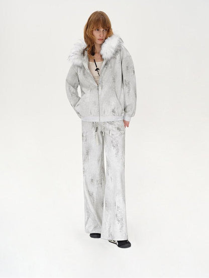AFTADAWN Wax Dyed Patchwork Loose Fit Removable Fur Women&