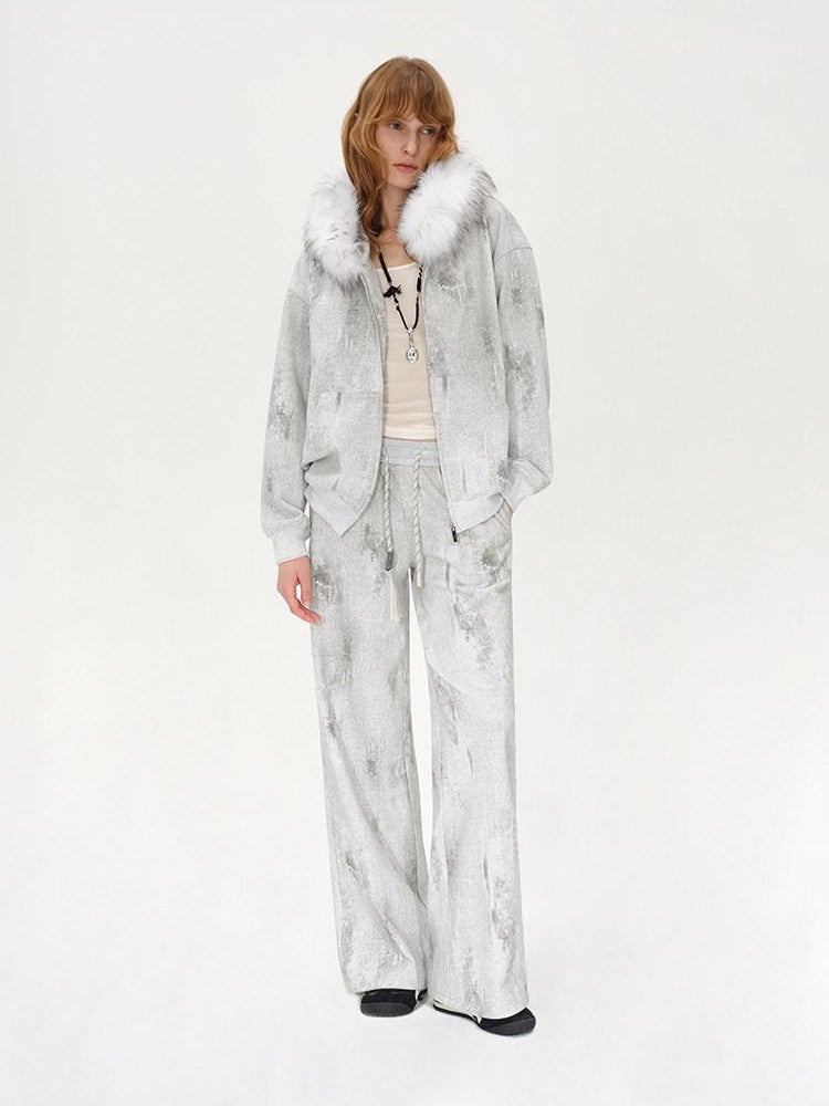 AFTADAWN Wax Dyed Patchwork Loose Fit Removable Fur Women&