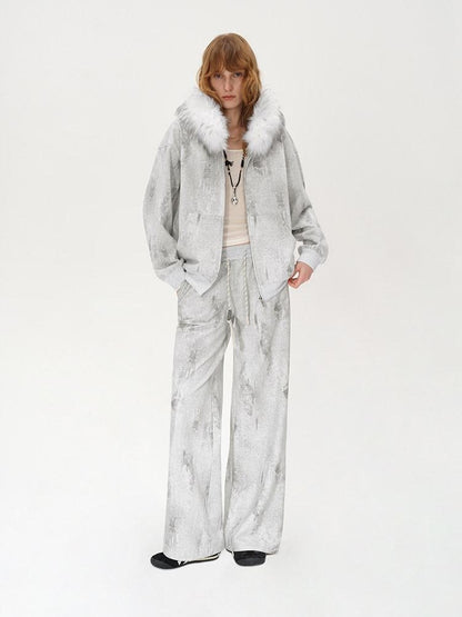 AFTADAWN Wax Dyed Patchwork Loose Fit Removable Fur Women&
